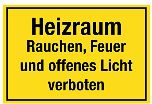 WANDKINGS Hinweisaufkleber für den Innen- und Außenbereich - Heizraum Rauchen, Feuer und offenes Licht verboten - 30x20 cm - Aufkleber ohne Schild