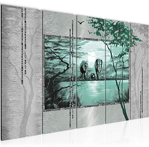 Runa Art Bild Afrika Elefant Wandbilder auf Vlies Leinwand 5 Teilig Wanddekoration Wohnzimmer Schlafzimmer 001756c