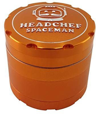 Headchef Spaceman Metal Herb Grinder with Laser Beam Cut, Ultra Sharp Teeth and Sifter Scraper, 4 Piece Grinder, 55mm (Sunflare Orange)