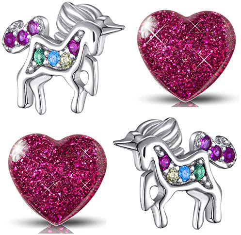 Kinder Mädchen Ohrringe aus echt 925 Sterling Silber mit Zirkonia Set Edelstahl Ohrstecker Einhorn Pferde Herz