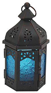 Rebecca Mobili Bougeoir Ethnique, Lanterne Décorative, Verre Métal, Bleu Noir, Meubles de Salon Jardin - Mesures: 17 x 9 x 8 (HxLxP) - Art. RE6561