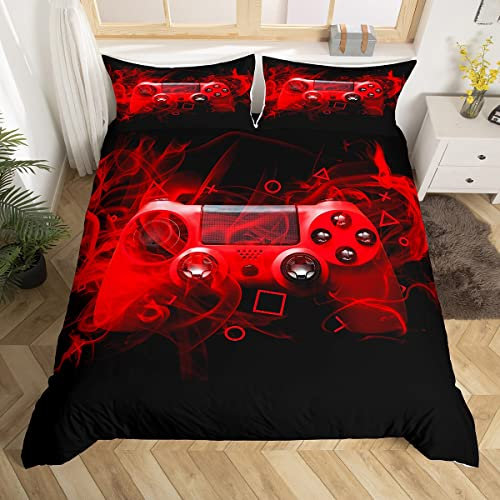 Kids Gamepad Duvet Cover Set King Gamer Bedroom For Boys Girls Teens Video Game Controller Bedding Set Gaming Console Comforter Cover Red Black With 2 Pillow Case Zipper