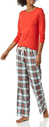 Amazon Essentials Set da Notte da Donna con Pantaloni in Flanella Leggera e Maglietta a Maniche Lunghe (Disponibile in Taglie Forti), Tartan Rosso, L