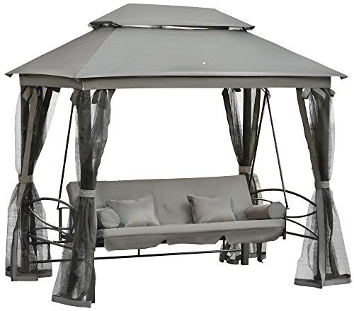 Outsunny Balancelle de Jardin 3 Places Convertible Style Colonial Grand Confort 5 Coussins + Matelas + moustiquaires Inclus 2,56L x 1,72l x 2,48H m Gris