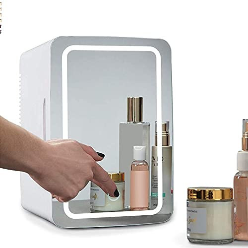 Beauty Refrigerator with LED, Portable 8L Mini Refrigerator, Skin Care, Storage for Makeup, Cosmetics and Face Masks, Small for Office Or Travel, Cooling and Heat, Mirror Holder with Light