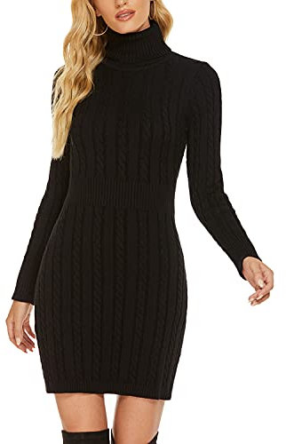 QUNERY Vestito Donna Invernale Elegante,Abito in Maglia Manica Lunga Collo Alto per Autunno,Vestiti Maglione Elasticizzato Casual A-Nero XL