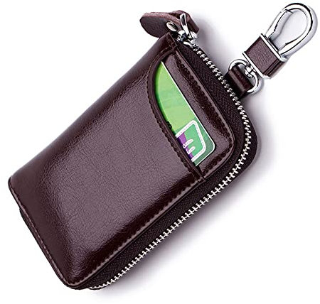 tooloflife Porte-cartes de crédit en cuir pour clé de voiture avec fermeture éclair pour homme et femme, marron foncé