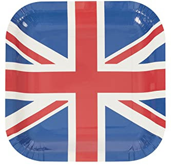 Costume and Party Store Union Jack Party Tableware 2023 King Charles Corontation Pack of 8 Square Paper Plates,Red White Blue