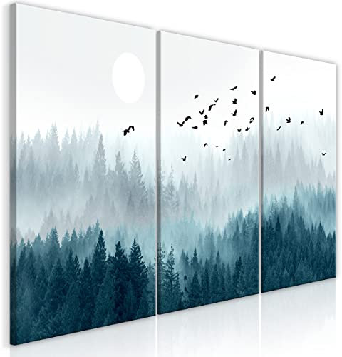 decomonkey Bilder Wald 180x90 cm 3 Teilig Wandbild Groß Leinwandbild XXL Deko Wohnzimmer Schlafzimmer Büro Wanddeko Leinwand Pictures For Wall Poster Painting Baum Vogel Sonne Nebel Blau Grau