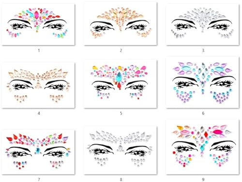9 PCS Face Gems Adhesive Glitter Jewel Tattoo Sticker Festival Gems Rave Party Body Make Up Z9ZAKMIXA Multi-colored