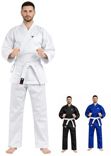 Mytra Fusion Karate Gi adulto con Cintura – Tuta da Allenamento Arti Marziali 200g per Uomo e Donna – Divisa Karate Studenti (Bianco, 2/150)