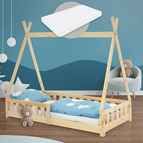 ML-Design Cama Infantil Tipi Natural con Colchón 80x160 cm Protección Anticaída y Somier Estructura Listones de Madera Maciza de Pino para Niño Forma de Casa con Reja Cama Juvenil Juego Lecho de Suelo