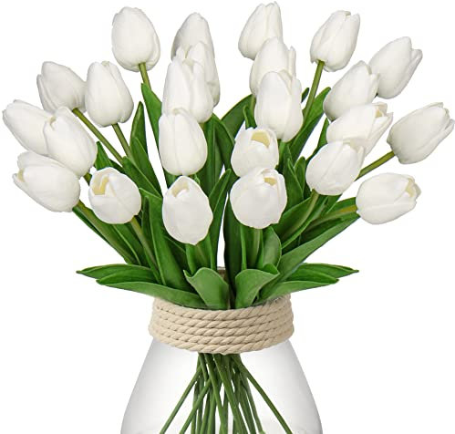 24 pcs Künstliche Blumen Tulpen, Decor Kunstblumen sehr echt, Plastikblumen Tulpen PU Latex real Touch, Gefälschte Blumen Tulpen Weiß für Hochzeitszimmer Home Decor Wohnzimmer Büro Hotel Küche Decor