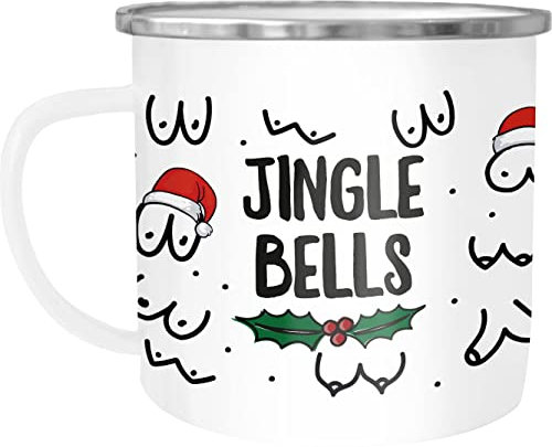 Moonworks® Emaille-Tasse Jingle Bells Brüste Muster Weihnachten Titten mit Weihnachtsmütze Bürotasse lustige Geschenke emaille-weiß-silber standard