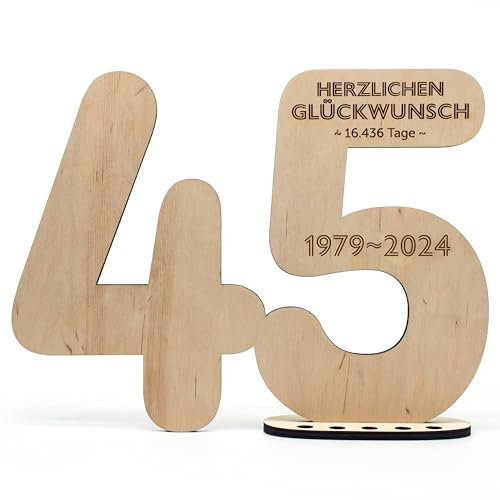 Holzschild Gästebuch Jahreszahl 45, mit Geburtstagsgruß Gravur zum selbst beschriften als Geschenk mit Ständer und Geburtstagskerzenhalter - für45 Geburtstag Deko, 45 Jahre Jubiläum oder Hochzeit