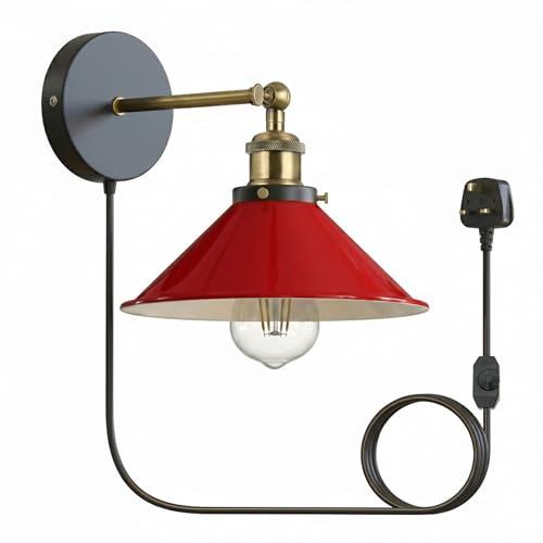 LEDSone Retro-Wandleuchte zum Einstecken mit 2 m langem Kabel und Dimmschalter, Edison-Metallschaukel, verstellbare E27-Wandleuchte, Vintage, industrielle Leselampe für den Innenbereich, Rot