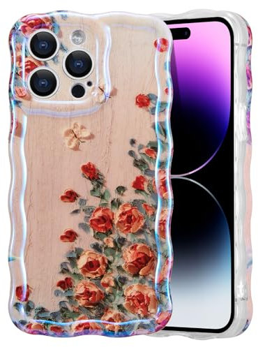 EYZUTAK Case for iPhone 13 Pro, Colorful Retro Oil Painting Rose Flower Laser Beam Glossy Pattern Cute Curly Waves Border Phone Cover Stylish Durable TPU Protective Case for Girls Women - Beige