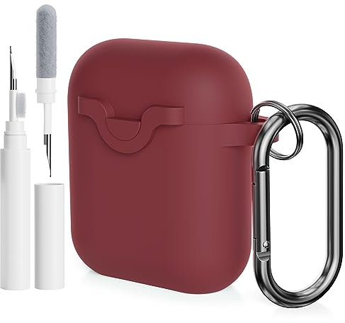 AOTUAO Compatible with AirPods 2&1 Case Cover with Cleaner Kit, Shock-Resistant Protective Silicone Case Cover for AirPods 2nd & 1st Generation With Snap Switch and Carabiner, Burgundy
