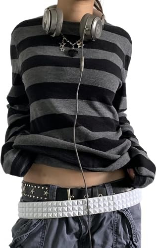 Women Y2k Striped Shirts Long Sleeve Fairy Grunge Baggy T-Shirt Vintage Harajuku Streetwear Teen Girls Tee Tops(Casual Gray Black,S)