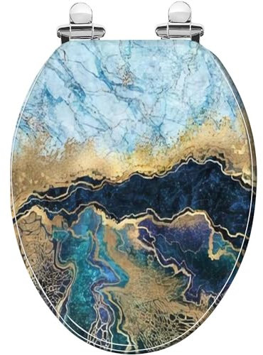 Siège de toilette allongé abstrait marbre bleu imitation pierre texture liquide peinture or résine siège de toilette avec fermeture silencieuse, charnières à dégagement rapide, siège de toilette