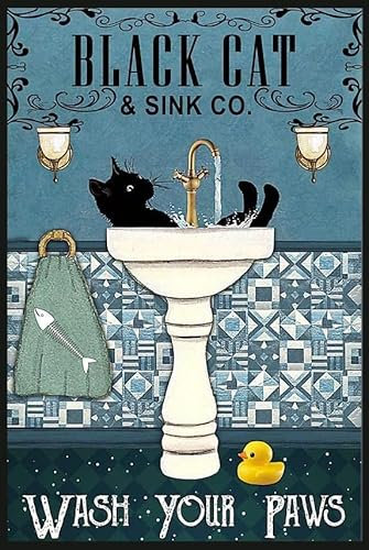 Black Cat Wash Your Paw Funny Cat Lover Gift Retro Vintage Bathroom Decor Poster Wall Art Decor Metal Sign Poster 8x12 inches