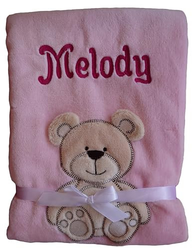 Wuff-Dogsworld Babydecke rosa mit Namen Bestickt Motiv Teddy-Bär Kuscheldecke Kinder Geschenk Baby
