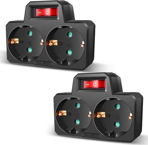 EXTRASTAR 2 en 1 Adaptador con Interruptor y 2 Enchufes Schuko, hasta Carge 3680W, 250V, 16A, Blanco, Adaptador de Regleta, Negro, 2 pcs