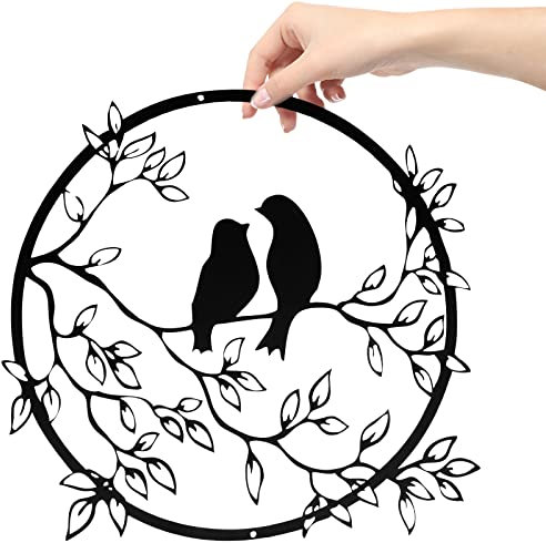 Metal Bird on Tree Branch, Metal Wall Art Decor, Modern Minimalist Silhouette Wall Hanging Decoration for Gift, Black Line Wall Sculptures for Home Bedroom Living Room Garden Studio Bar (30x30CM) (A)