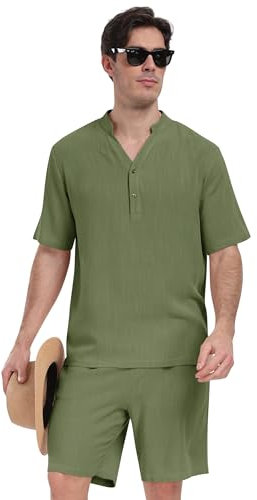 MoFiz Hommes Linen Sets Casual Ensemble 2 pièces Chemise et short à manches courtes Tenues d'été L