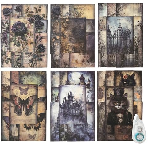MiyouLuna 180 Stück Dark Fantasy Scrapbook Papier, Vintage Gothic Journal Ephemera Pack, Junk Journal Supplies für Scrapbooking Kit, mit Klebeband