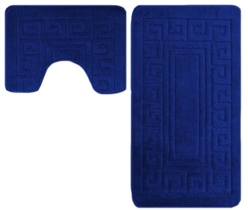 Sue Rossi Badematten-Set, rutschfest, Bade- und WC-Vorleger, griechisches Schlüssel-Design für Badezimmer, 2-teilig, weich, saugfähig und rutschfest, Marineblau