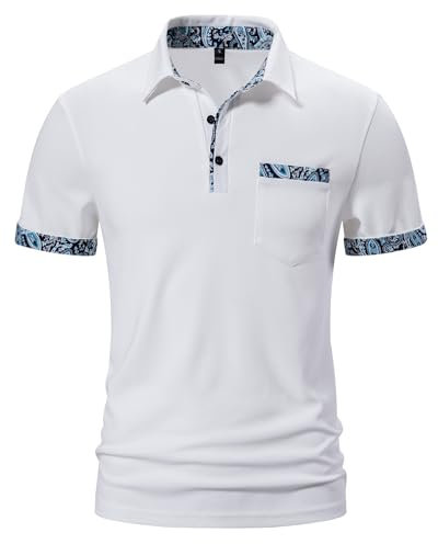 Mens Short Sleeve Polo Shirts Casual Classic Summer Button Slim Fit Contrasting Colors Breathable Basic with Pocket Golf Tennis Work T-Shirt Tops-008-White-L