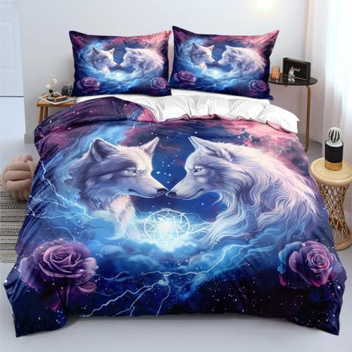 YUTNSAN Wolf Bettwäsche 200x220cm Wölfe Rose Blitz Muster 3 Teilig Kinderbettwäsche Set Mikrofaser Bunt Modern 3D Tier Bettbezug und Kissenbezug 80x80cm