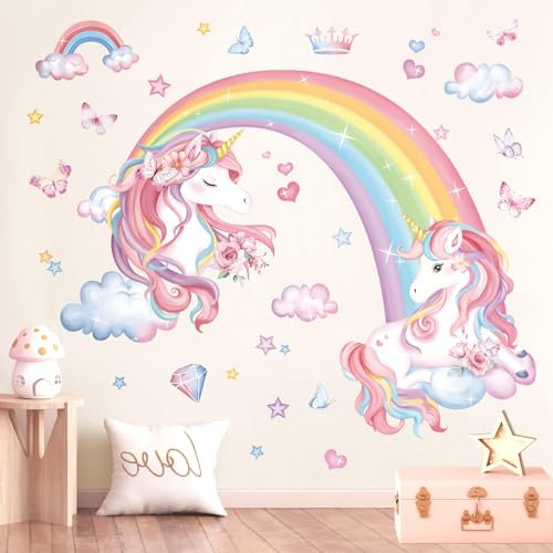 decalmile Rainbow Unicorn Wall Decals Rainbow Butterflies Clouds Unicorn Wall Stickers Nursery Girls Kids Bedroom Daycare Wall Decor