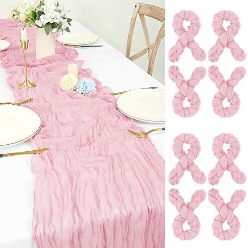 Lot de 8 Chemin de Table en étamine Bébé Rose, 55x180cm Lavable Tissu Chemin de Table Boho pour Mariage Romantique Douche Nuptiale Candlelight Dinner Translucide Gaze Décoration de Table