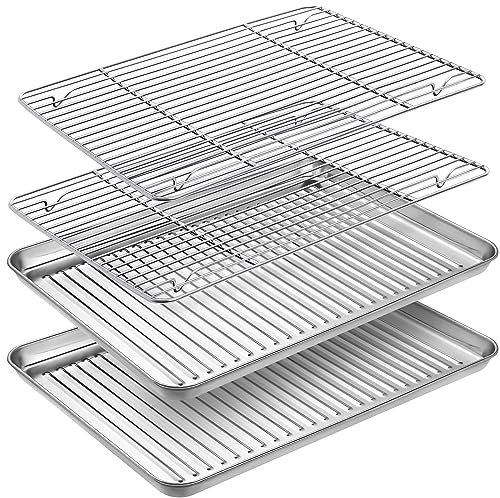 Baking Tray & Rack Set [2 Sheets + 2 Racks], Stainless Steel Non Stick Oven Tray with Rack, Large Cookie Sheet Pan for Baking Cooking, Heavy Duty, Easy Clean, Dishwasher Safe (16 x 12 x 1 inch)
