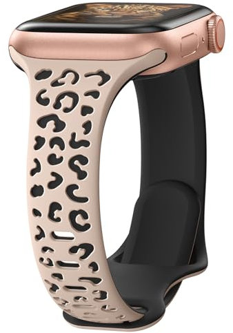 Deux tons Gravure Léopard bracelets Compatibles avec Bracelet Apple Watch 40mm 44mm 41mm 45mm 38mm 42mm pour Femme,Bracelet en Silicone souple Compatible avec iWatch Se Serie 9 8 7 6 5 4 3 2 1
