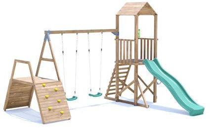 SquirrelFort Climbing Frame with Double Swing, High Platform, Climbing Wall & Slide