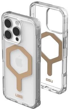 URBAN ARMOR GEAR Plyo MS Case kompatibel mit Apple iPhone 16 Pro Hülle (Wireless Charging/Magnetisches Aufladen kompatibel, Sturzfeste Air-Soft Ecken, Erhöhter Rand) Ice (transparent) / Gold