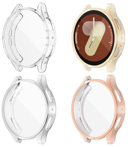 Yolovie Lot de 4 coques de protection d'écran compatibles avec Samsung Galaxy Watch 7 44 mm (version 2024) en silicone souple (transparent, argent, crème, or rose)