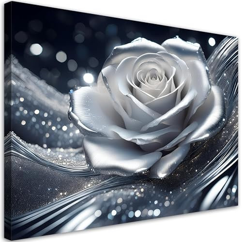Feeby Leinwand Bilder - Rosenblüte Silber - Vlies 60x40 cm - Deko Wohnzimmer - Wandbilder Schlafzimmer - Deko Aesthetic - Wand Deko - Leinwand Groß - Deko Zimmer - Leinwandbilder XXL