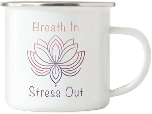 Hey!Print Breath In Stress Out Emaille-Tasse silber Meditation Zen Yoga Achtsamkeit Entspannung Stressabbau