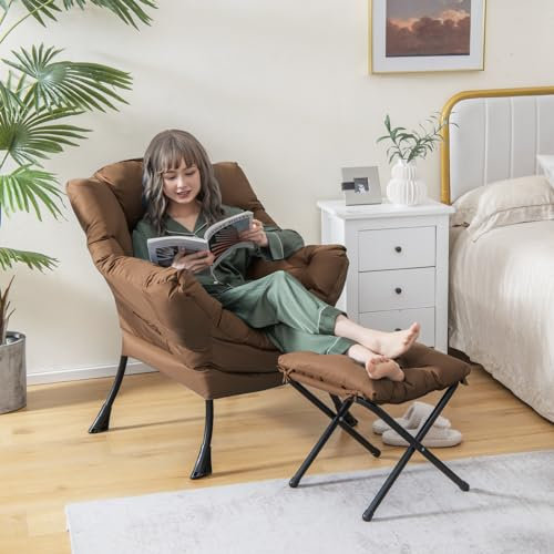 COSTWAY Fauteuil Salon Scandinave avec Repose-Pieds, Fauteuil Relax avec Oreiller et Poche Latérale, Fauteuil Chambre Confortable pour Lecture, Cadre en Métal pour Charger de 150 kg (Café)
