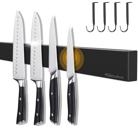 Magnetleiste Messer für die Wand, mit 4 Haken, 59cm schwarzer Messerhalter magnetisch ohne Bohren, extrem selbstklebend Magnet Messerhalter, inklusive Klebeband und Schrauben für Messer, Werkzeuge