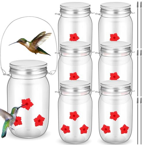 Tioncy 6 Pcs 16oz Hummingbird Feeders for Outdoors Hanging 6 Cleaning Brushes Mason Jar Hummingbird Feeder with Leak-Proof Flower Feeding Ports Glass Hummingbird Feeders for Attract Hummingbird