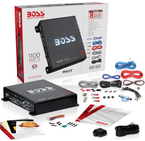KIT SET PER BOSS AUDIO SYSTEMS RIOT R1100MK con amplificatore 1 canale monofonico classe ab 1100 watt max, bass boost 0/+18 db, controllo remoto incluso e kit cavi di installazione, 1 kit