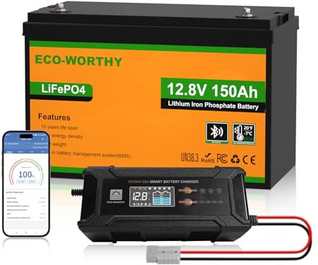 ECO-WORTHY LiFePO4 Bluetooth 12 V 150 Ah con caricabatterie da 12/24 V 20 A, batteria al litio 12 V 150 AH con protezione BMS a bassa velocità e max. 15000 cicli per camper, roulotte, barca