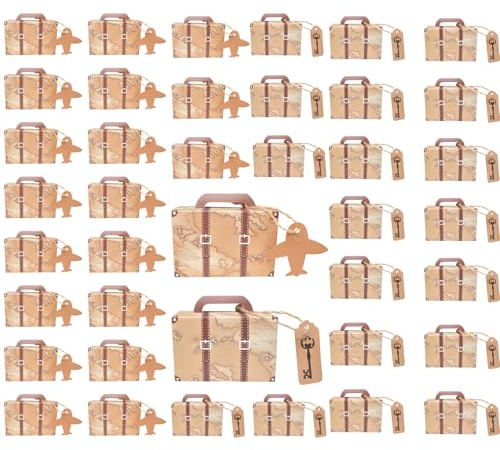Eabdice 40 Stück Mini Koffer Geschenkboxen, Weltkarte Mini Koffer Geschenkbox, Vintage Kraftpapier mit Etiketten und Jute-Schnur für Reisen, Mottoparty, Brautparty (Braun)