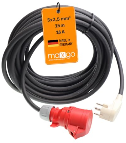 maxgo Perilex Adapter auf CEE 16A Kupplung – 15 m Adapterkabel mit Perilex | Winkelstecker, H07RN-F 5G2,5 mm² Gummischlauchleitung, 400 V Kraftstromadapter für Werkstatt, Baustelle und Industrie