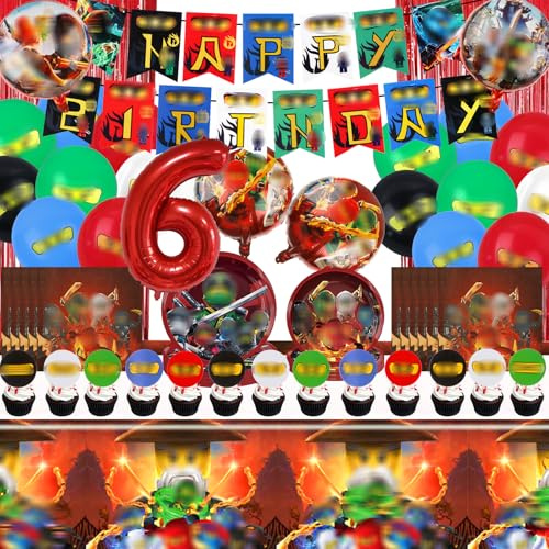 87 Stück Nija Geburtstagsdeko, Partygeschirr Pappteller Kindergeburtstag 6th Party Teller Becher Ballon Geburtstag Deko für 10 Personen